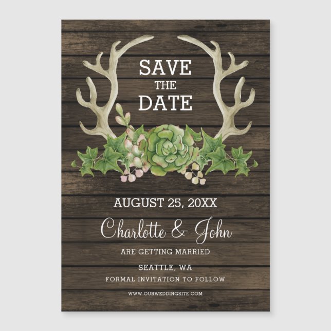 Carte Magnétique Bois de grange rustique Antlers succulents Enregis (Devant)