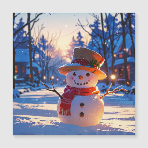 Carte Magnétique Bonhomme de neige crépusculaire dans la rue festiv
