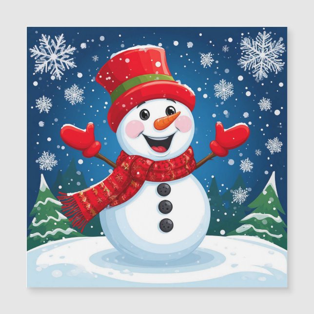 Carte Magnétique Bonhomme de neige joyeux avec écharpe et chapeau r (Devant)