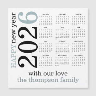 Carte Magnétique Bonne année 2026 Turquoise Calendrier blanc