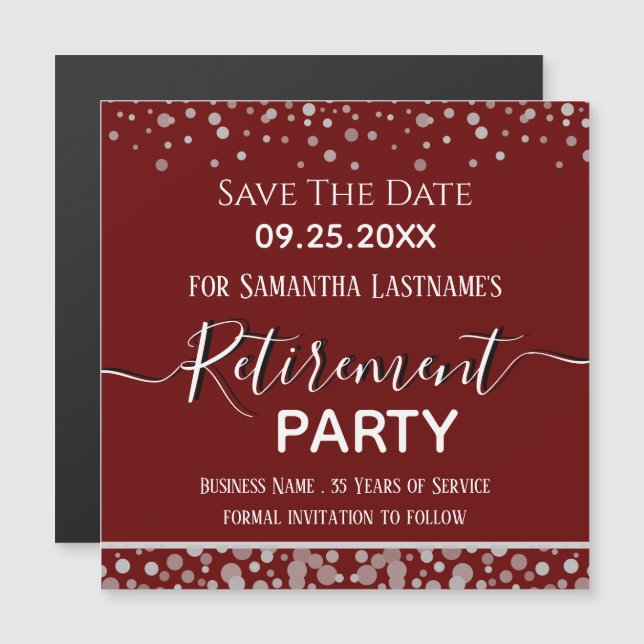 Carte Magnétique Bonne retraite Argent Confetti Enregistrer la date (Devant / Derrière)