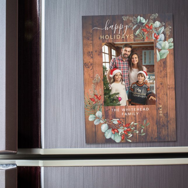 Carte magnétique Botanique Rustique Cherry Wood Ho (You will love these beautiful Christmas cards! They feature botanical watercolor pine and berries.)