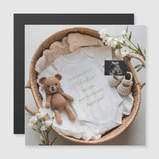 Carte Magnétique Cadeau d'annonce de grossesse pour la révélation d (Devant / Derrière)