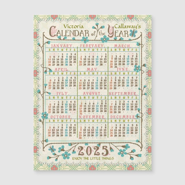 Carte Magnétique Calendrier 2025 Art Nouveau Victorien Petit aimant (Devant)