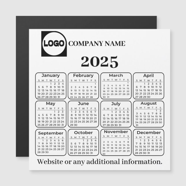 Carte Magnétique Calendrier 2025 Entreprise Nom personnalisé & Logo (Devant / Derrière)
