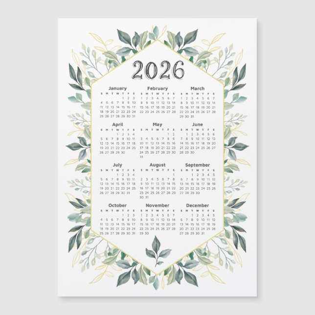 Carte Magnétique Calendrier 2026 Aquarelle moderne Feuilles botaniq (Devant)