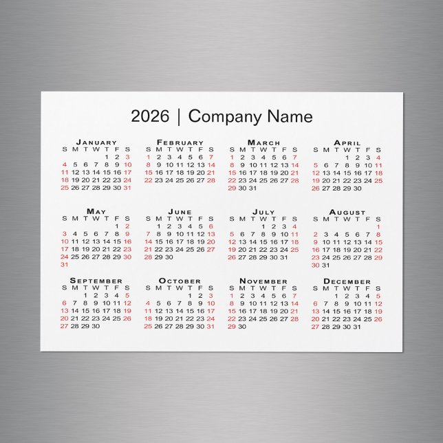 Carte Magnétique Calendrier 2026 avec nom commercial Aimant blanc (2026 Calendar with Business Name White Magnet in situ)