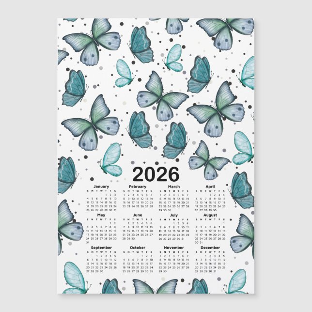 Carte Magnétique Calendrier 2026 Blue Green Butterflies Motif (Devant)