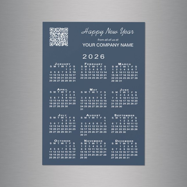 Carte Magnétique Calendrier 2026 Business QR Code Marine Holiday Ma (2026 Calendar Business QR Code Navy Holiday Magnet in situ)
