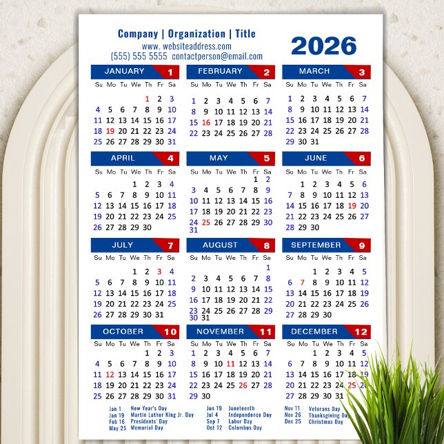 Carte Magnétique Calendrier 2026 Entreprise Simple Bleu Rouge Magné (Créateur téléchargé)