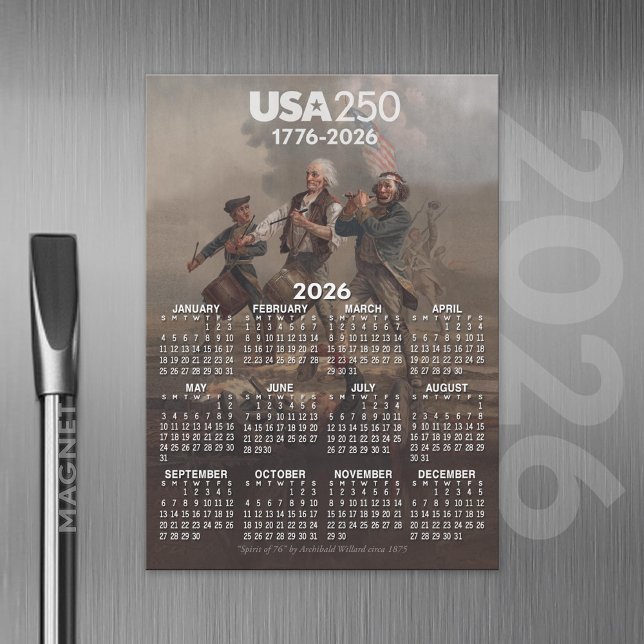 Carte Magnétique Calendrier 2026 - Esprit de 76 - 250ème Amérique (2026 Calendar Magnet with USA 250 Celebration Theme)