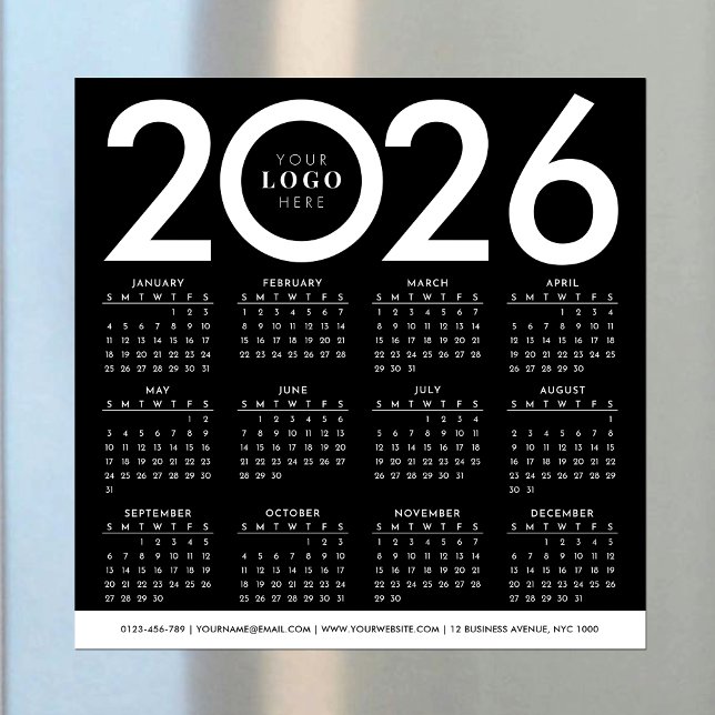 Carte Magnétique Calendrier 2026 Minimaliste Logo d'entreprise Noir (Créateur téléchargé)
