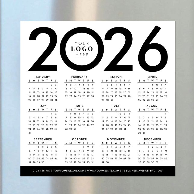 Carte Magnétique Calendrier 2026 Minimaliste Moderne Logo d'entrepr (Créateur téléchargé)