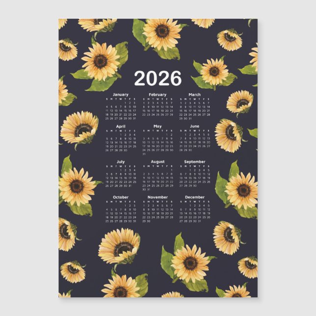 Carte Magnétique Calendrier 2026 Motif d'aquarelle de tournesols (Devant)