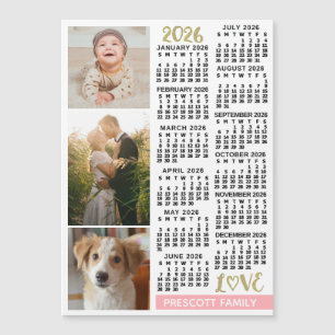Carte Magnétique Calendrier 2026 Rose Pâle Or Photos Personnalisées