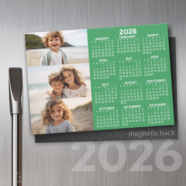 Carte Magnétique Calendrier - 3 Photos - Aimant blanc vert de base (2026 Calendar on a Refrigerator Magnet with a Photo Collage)