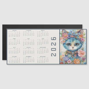 Carte Magnétique Calendrier Abstrait Aquarelle Chat Vêtu de Floraux