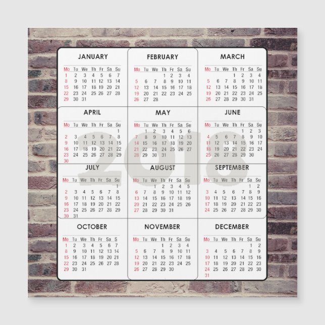 Carte Magnétique Calendrier Carré 2018 Mur en briques magnétiques (Devant)