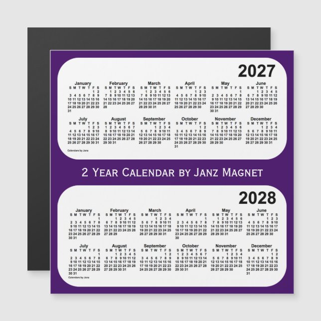 Carte Magnétique Calendrier de 2 ans violet 2027-2028 par Janz Magn (Devant / Derrière)