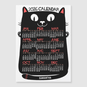 Carte Magnétique Calendrier de l'année 2026 Chat Noir Mid-Century M