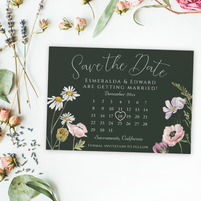 Carte Magnétique Calendrier de mariage à fleurs sauvages vertes pou (Créateur téléchargé)