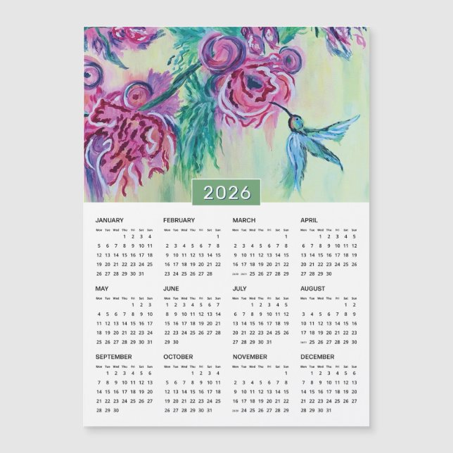 Carte Magnétique Calendrier de peinture de colibri vert violet 2026 (Devant)