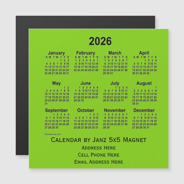 Carte Magnétique Calendrier des affaires vert jaune 2026 par Janz (Devant / Derrière)