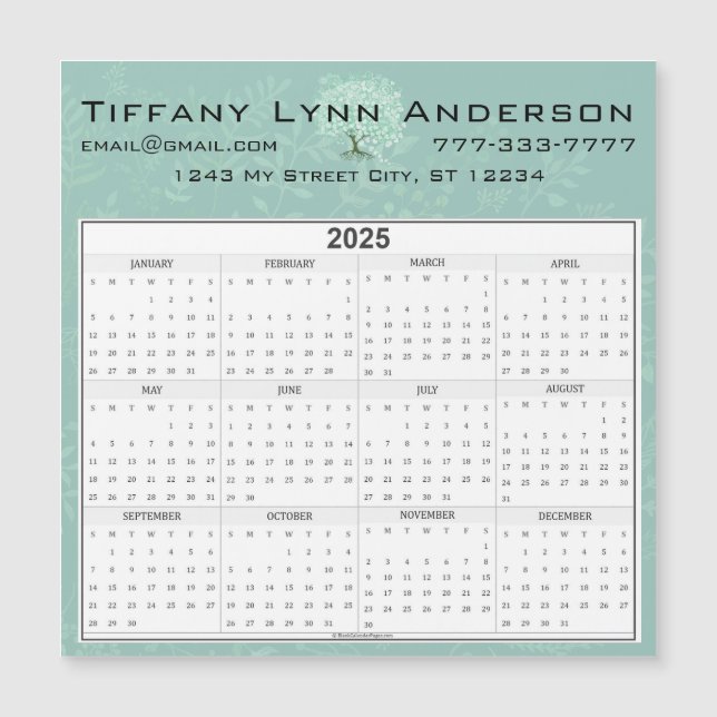Carte Magnétique Calendrier Feuille de coeur Arbre floral Mint vert (Devant)