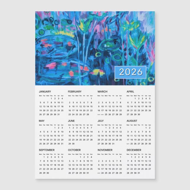 Carte Magnétique Calendrier magnétique Abstrait Floral Bleu 2026 (Devant)