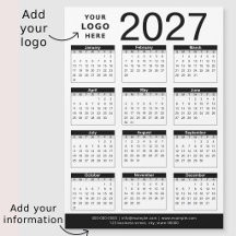 Calendrier personnalisé noir et blanc 2027 & logo 