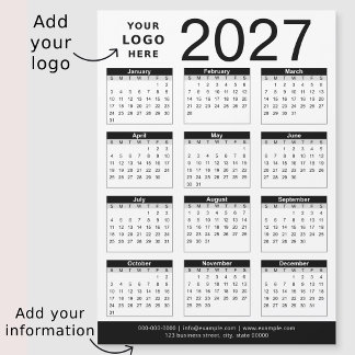Carte Magnétique Calendrier personnalisé noir et blanc 2027 & logo 