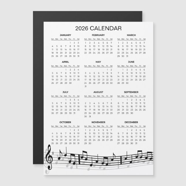 Carte Magnétique Calendrier simple 2026 avec notes de musique | Aim (Devant / Derrière)