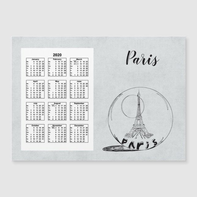 Carte Magnétique Calendrier Travel City Année complète 2020 Paris (Devant)