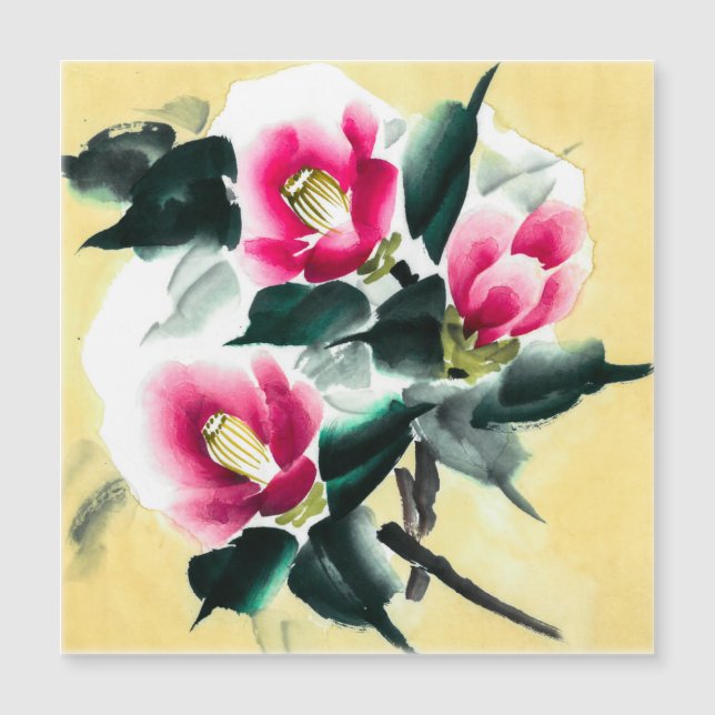 Carte Magnétique Camellia dans la neige peinte en technique sumie (Devant)