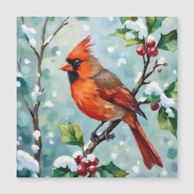Carte Magnétique Cardinal de Noël sur une branche de houx (Devant)