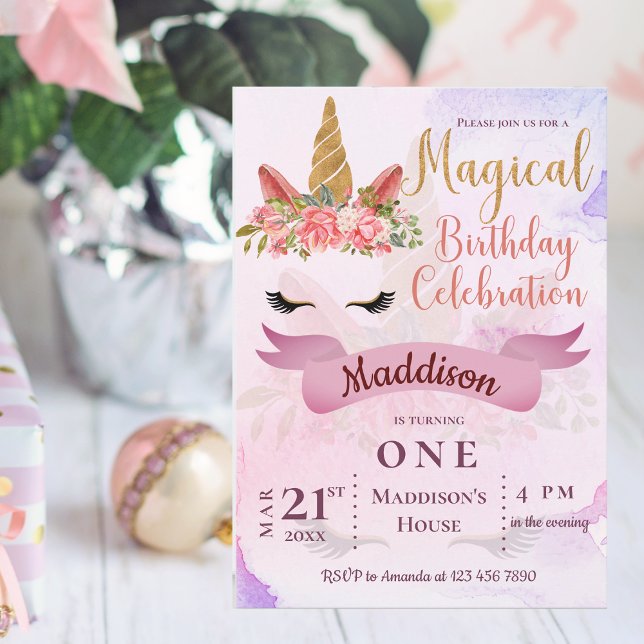 Carte Magnétique Carton d'invitation pour une fête d'anniversaire L (Pastel Unicorn Floral Birthday Party Invitation)