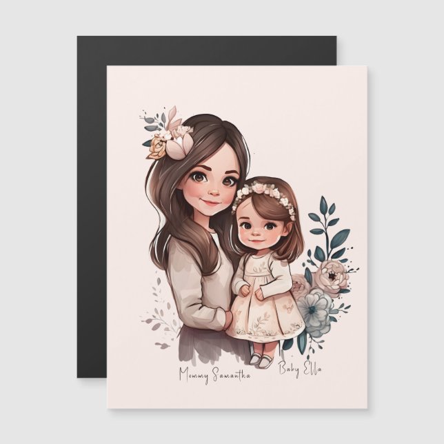 Carte Magnétique Caution adorable mère et fille (3) (Devant / Derrière)