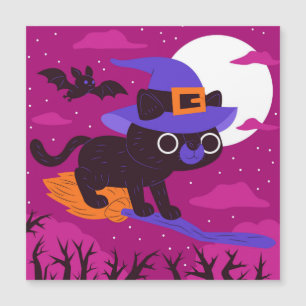 Carte Magnétique Charmante chatte sorcière volant sur un balai Hall