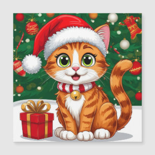 Carte Magnétique Chat adorable avec un chapeau de Père Noël et un c
