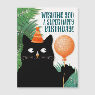 Carte Magnétique Chat avec casquette d'anniversaire, ballon et plan