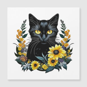 Carte Magnétique chat noir avec des fleurs