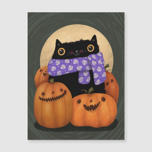 Carte Magnétique Chat noir Saison d'automne Joyeux Halloween (Devant)
