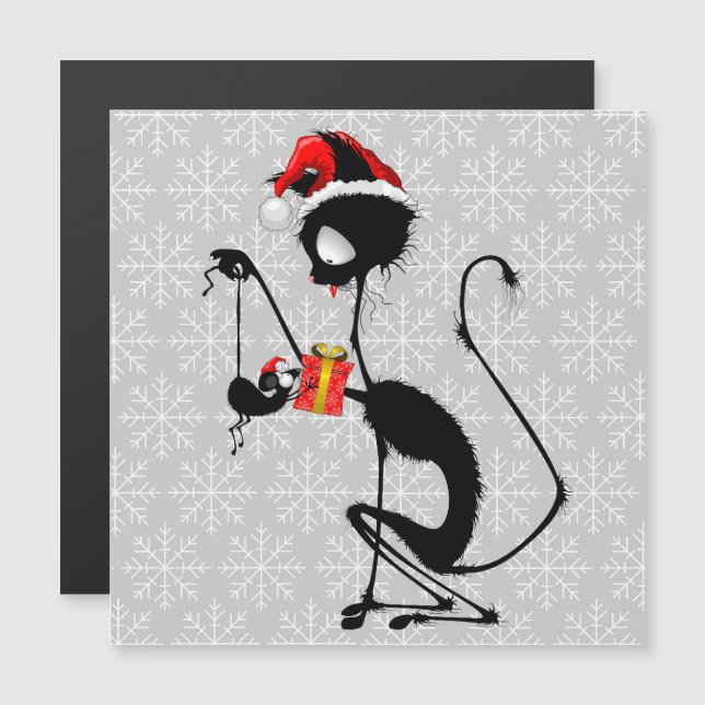 Carte Magnétique Chat Père Noël et souris avec cadeau de Noël (Devant / Derrière)
