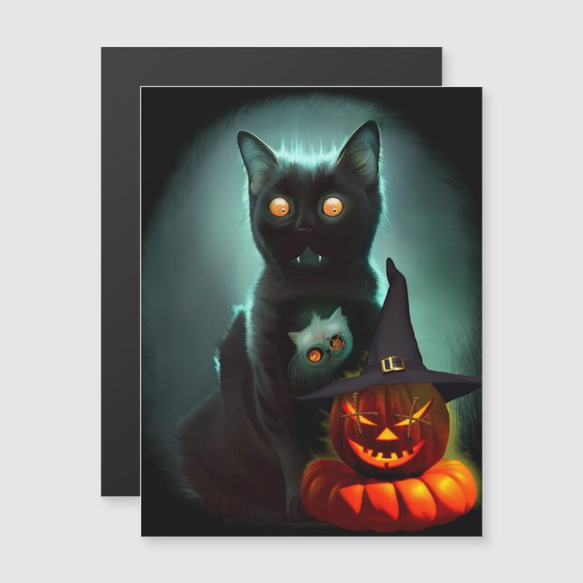Carte Magnétique Chat Vampire et Citrouille Magique d'Halloween Sur (Devant / Derrière)