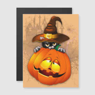 Carte Magnétique Chaton mignon d'Halloween sorcière et ami de citro