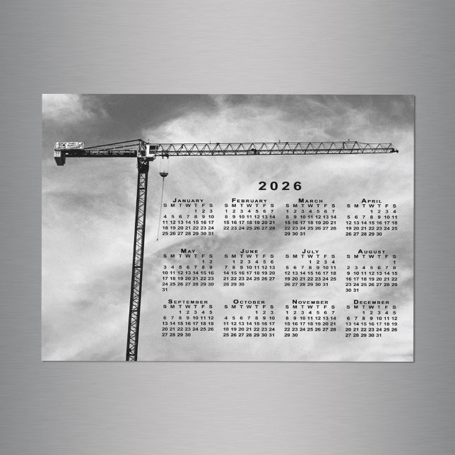Carte Magnétique Chic Construction Grue Photo 2026 Calendrier Magne (Chic Construction Crane Photo 2026 Calendar Magnet in situ)