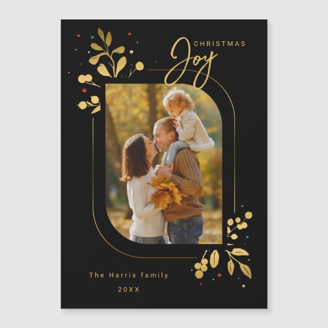 Carte Magnétique Chic Glam Gold Feuilles Joie Calligraphie Photo (Devant)