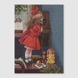 Carte Magnétique Christmas Little Girl Téléphone Antique