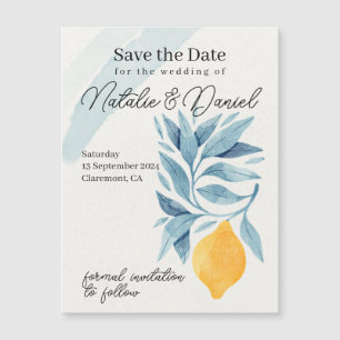 Carte Magnétique Citron avec illustration botanique feuille bleue