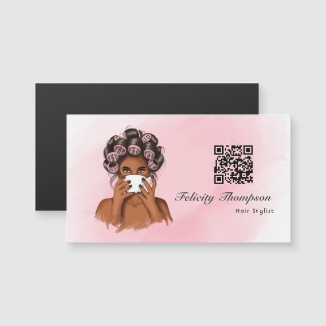 Carte Magnétique Code QR Chic Pink Hair Stylist (Devant / Derrière)
